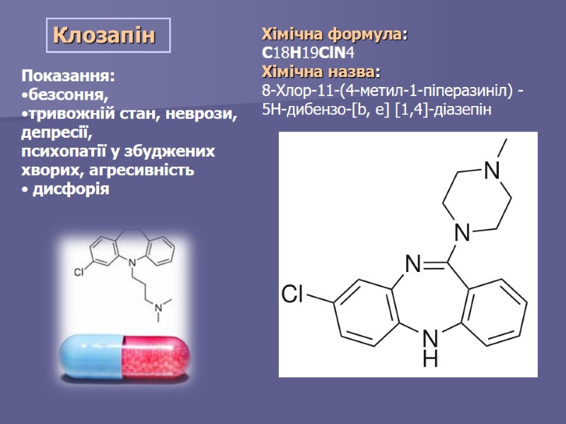 Клозапін  Показання:  безсоння,  тривожній стан, неврози, депресії,  психопатії у збуджених